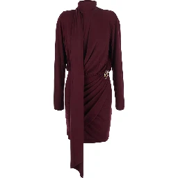 Dress with collar and long sleeves in viscose and elastane bordeaux for women