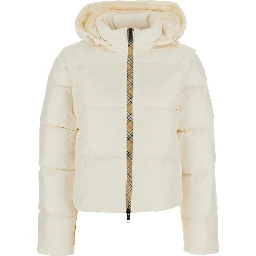 White Puffer Jacket with High Collar and Front Zip Closure in Tech Fabric for Women