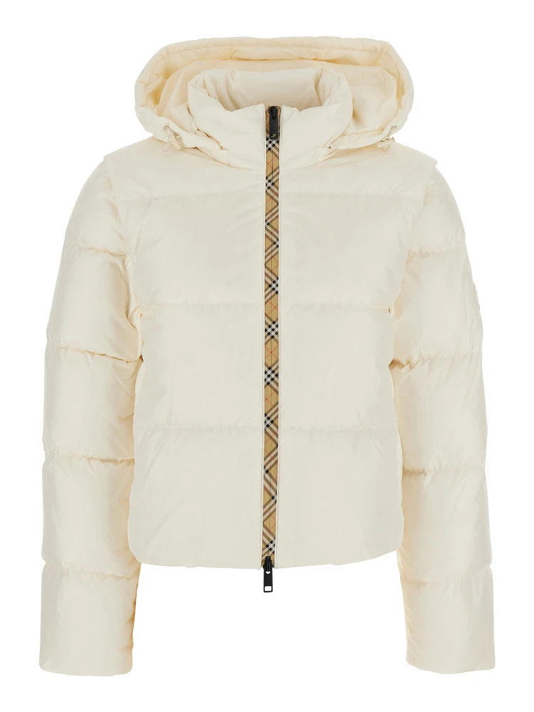 White Puffer Jacket with High Collar and Front Zip Closure in Tech Fabric for Women