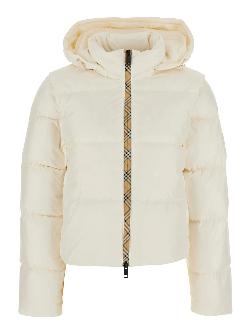 White Puffer Jacket with High Collar and Front Zip Closure in Tech Fabric for Women