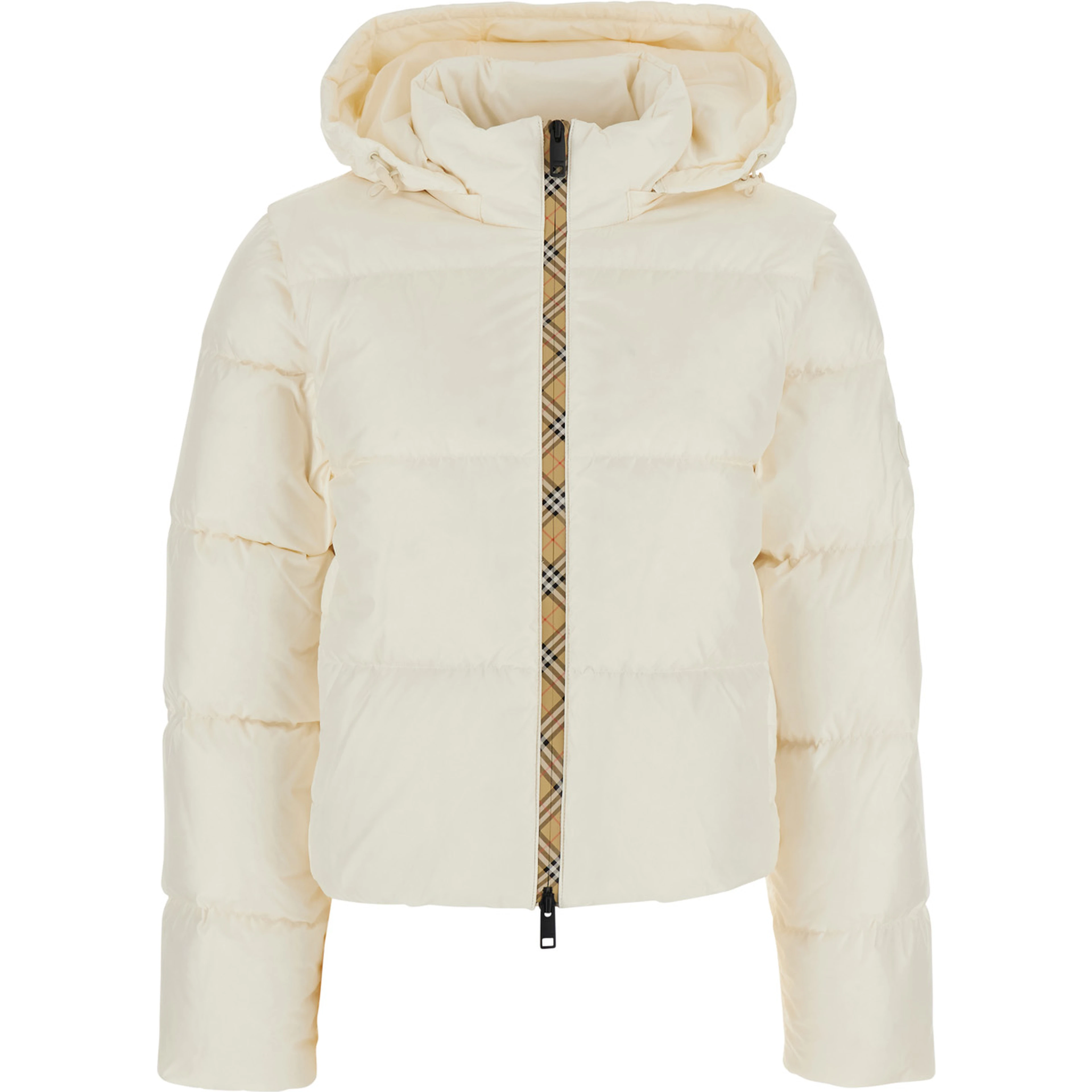 White Puffer Jacket with High Collar and Front Zip Closure in Tech Fabric for Women