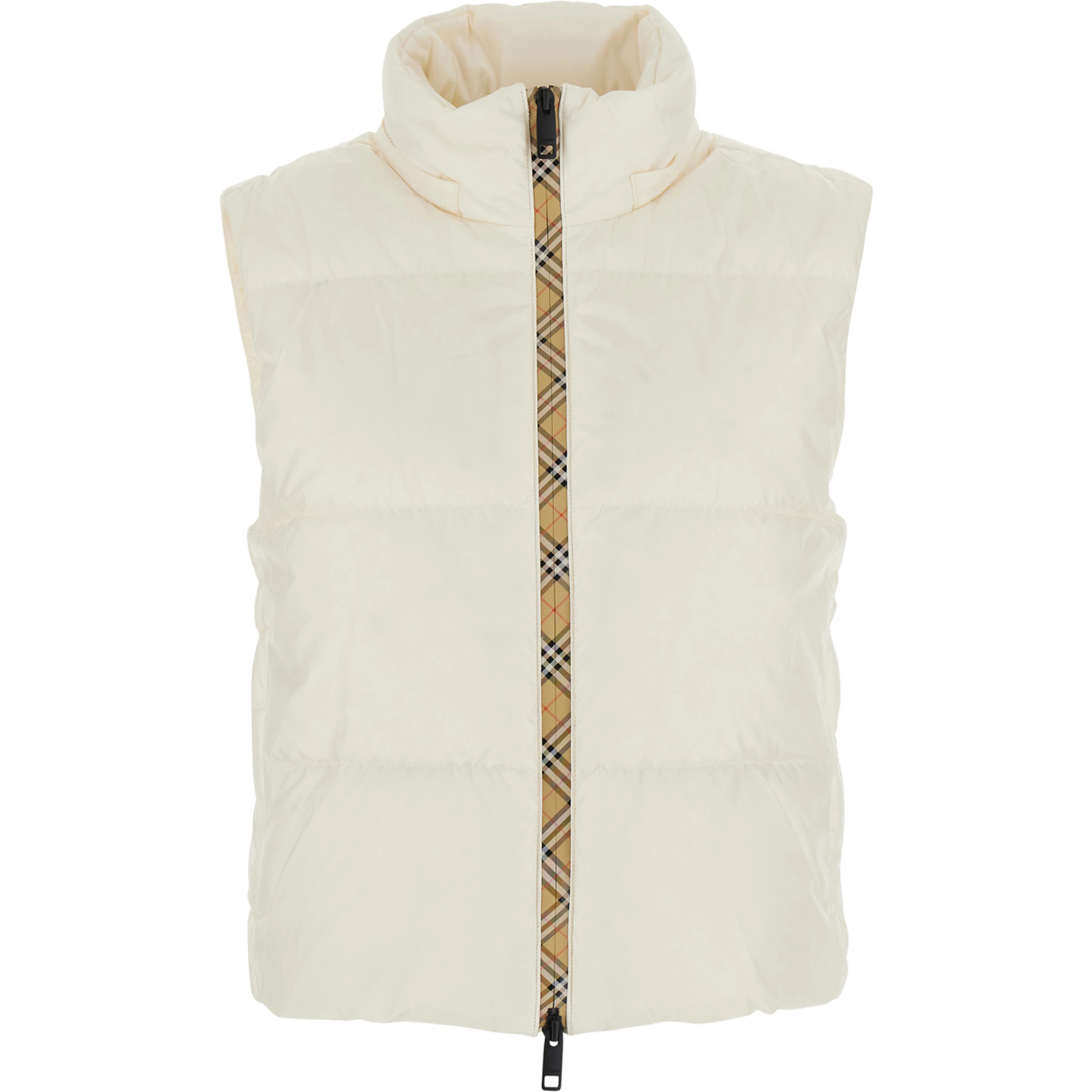 White Puffer Jacket with High Collar and Front Zip Closure in Tech Fabric for Women