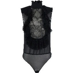 Body with ruffle details in black tech fabric for women