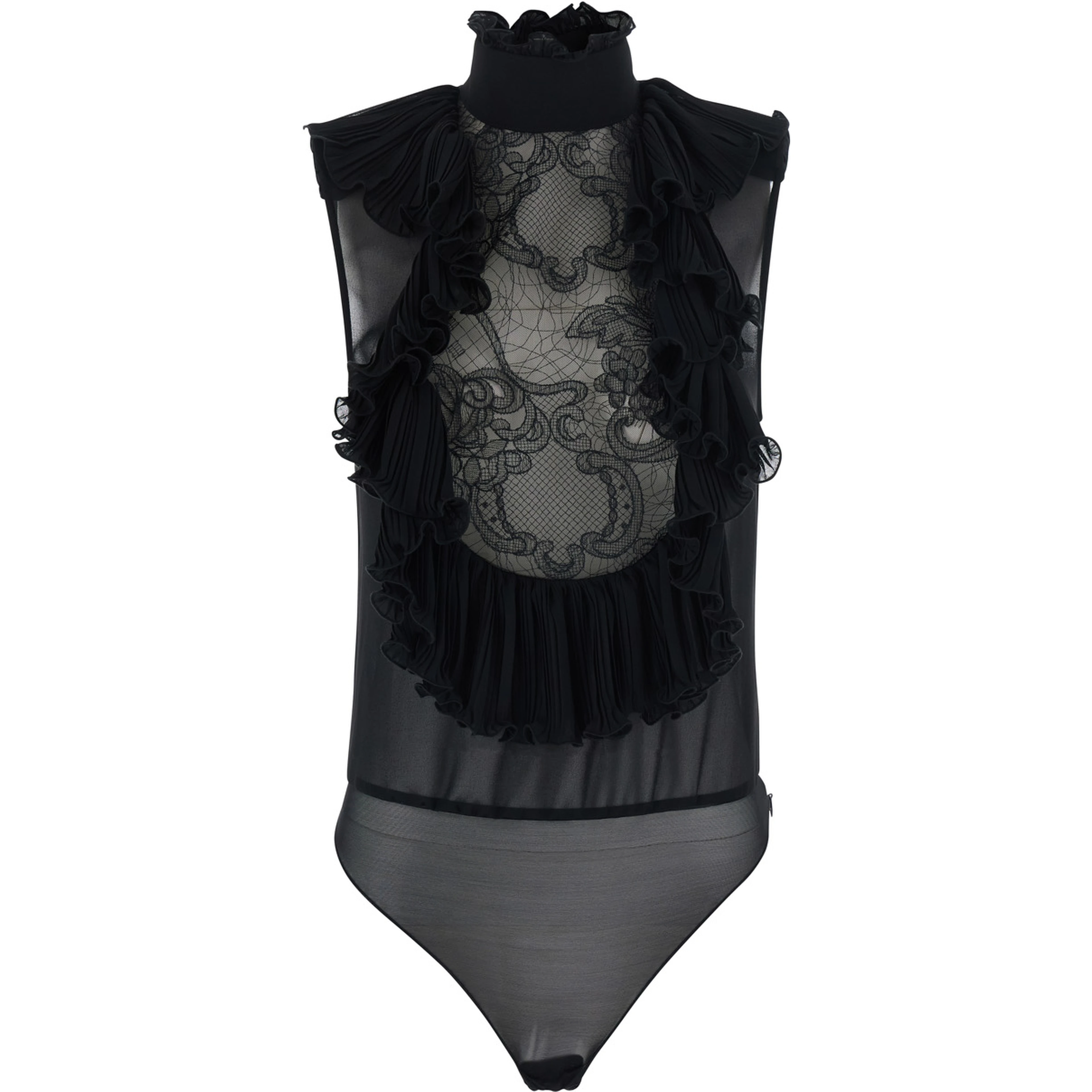 Body with ruffle details in black tech fabric for women