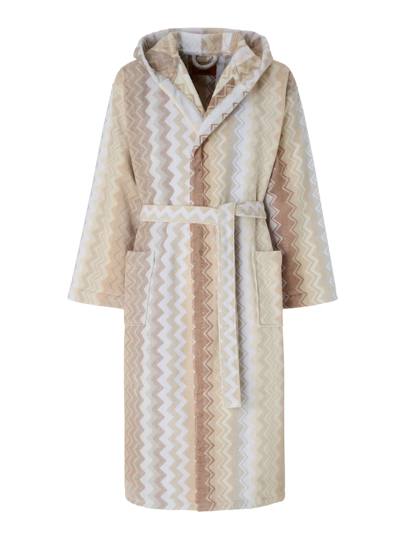 Multicolored fabric hooded bathrobe for men