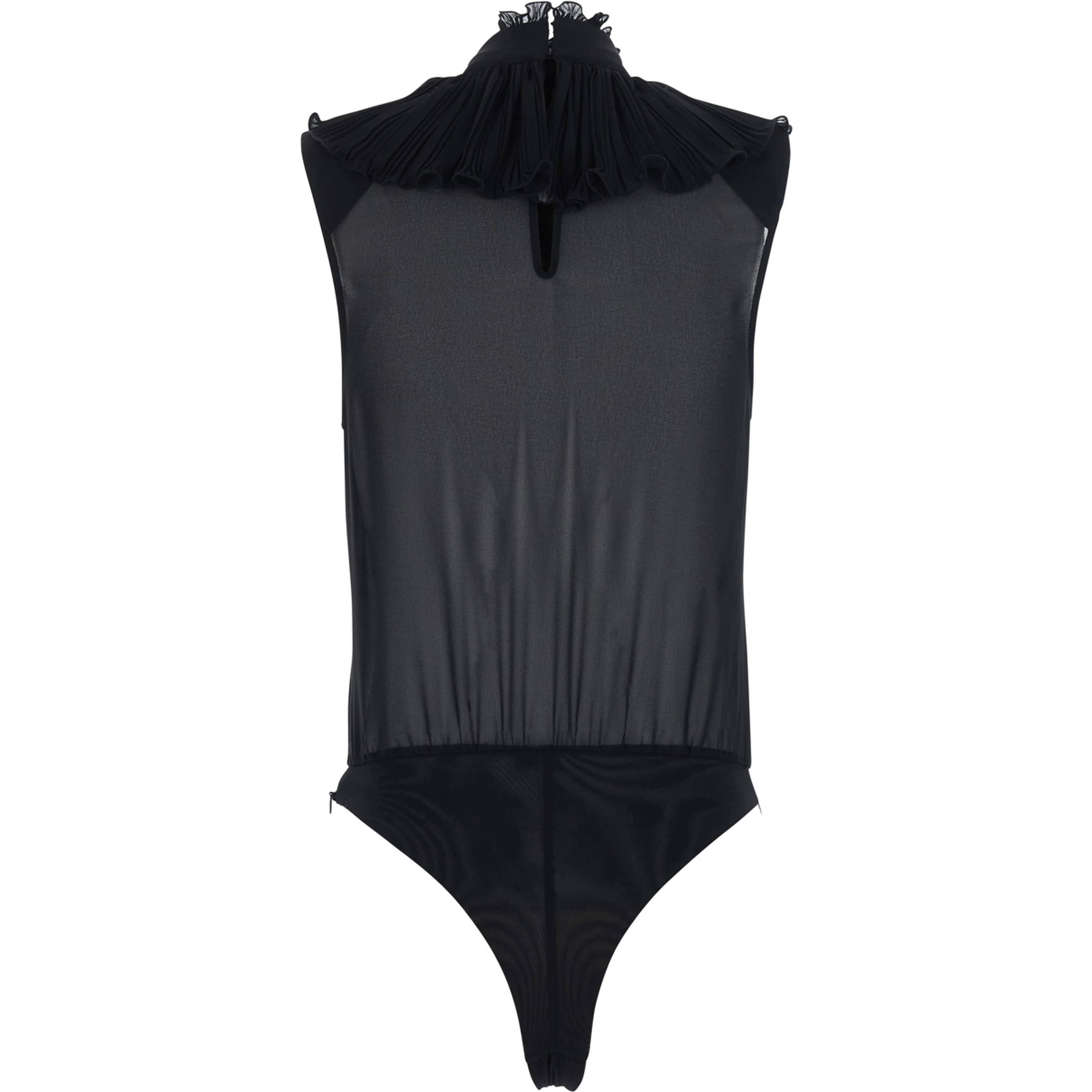 Body with ruffle details in black tech fabric for women