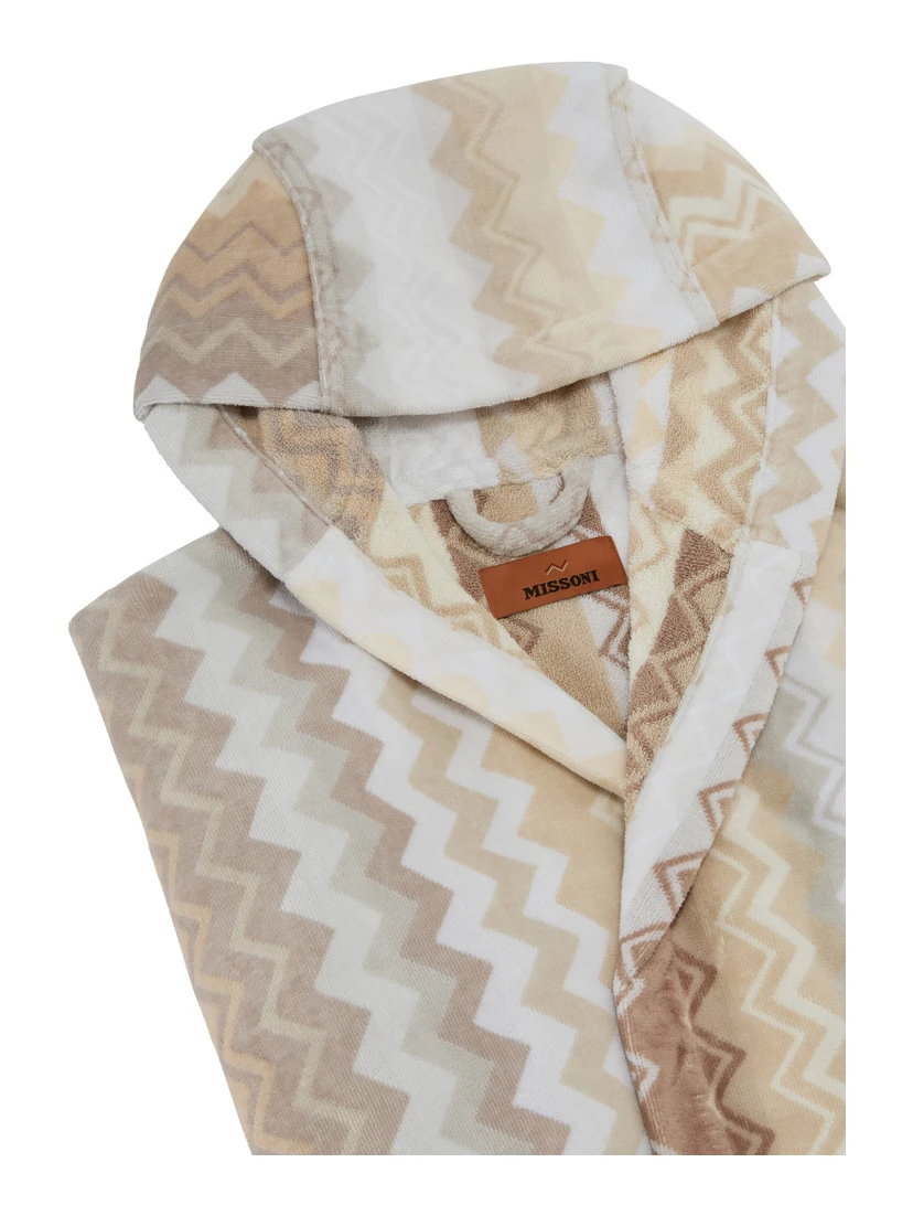 Multicolored fabric hooded bathrobe for men