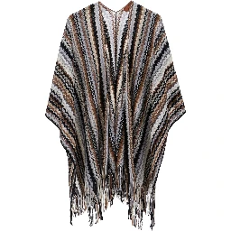 Brown wool and viscose long sleeve V-neck poncho for women