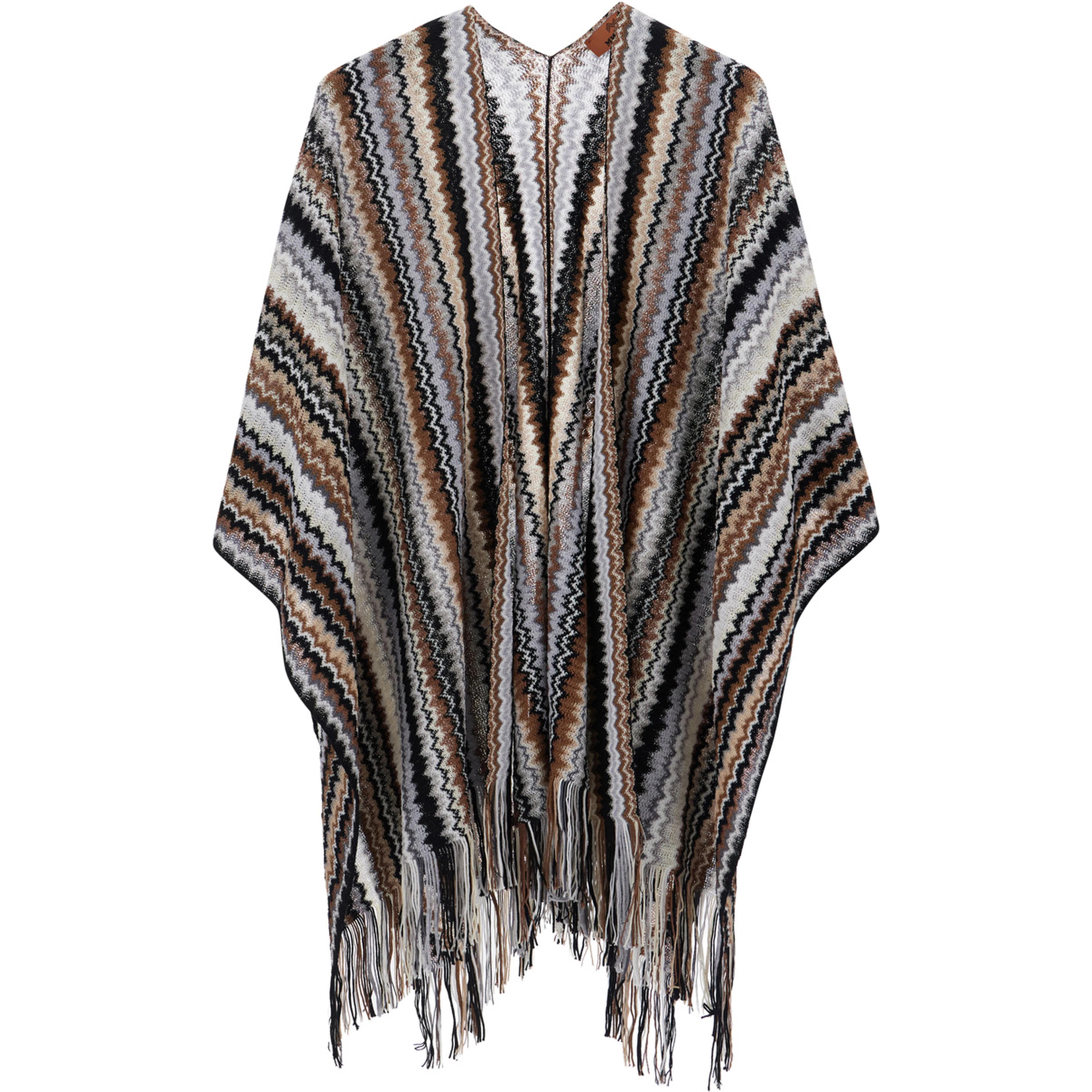 Brown wool and viscose long sleeve V-neck poncho for women
