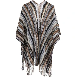 Brown wool and viscose long sleeve V-neck poncho for women