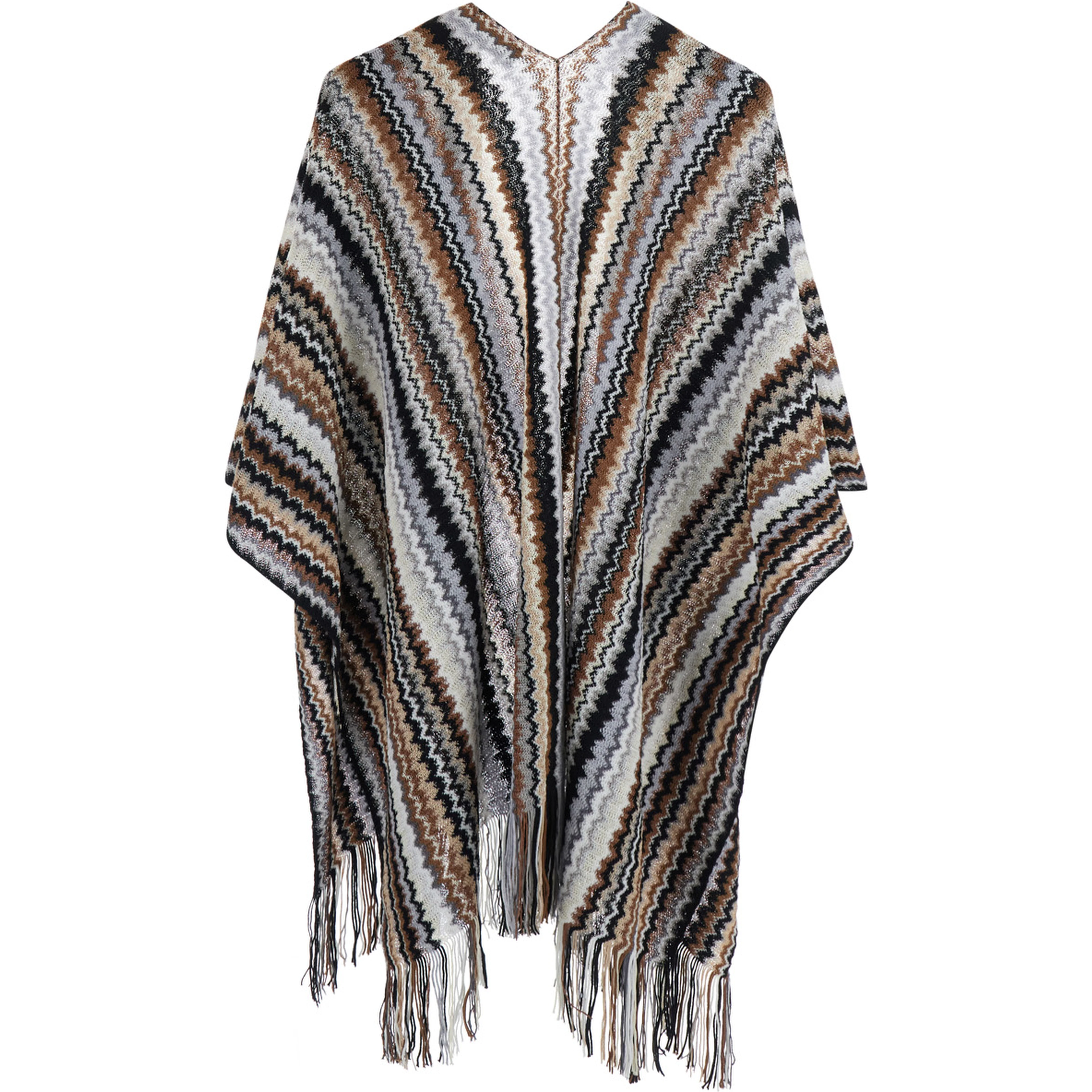Brown wool and viscose long sleeve V-neck poncho for women