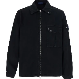 Biker Jacket with shirt collar, long sleeves, front closure, logo patch, side pockets, in cotton, black color, unisex