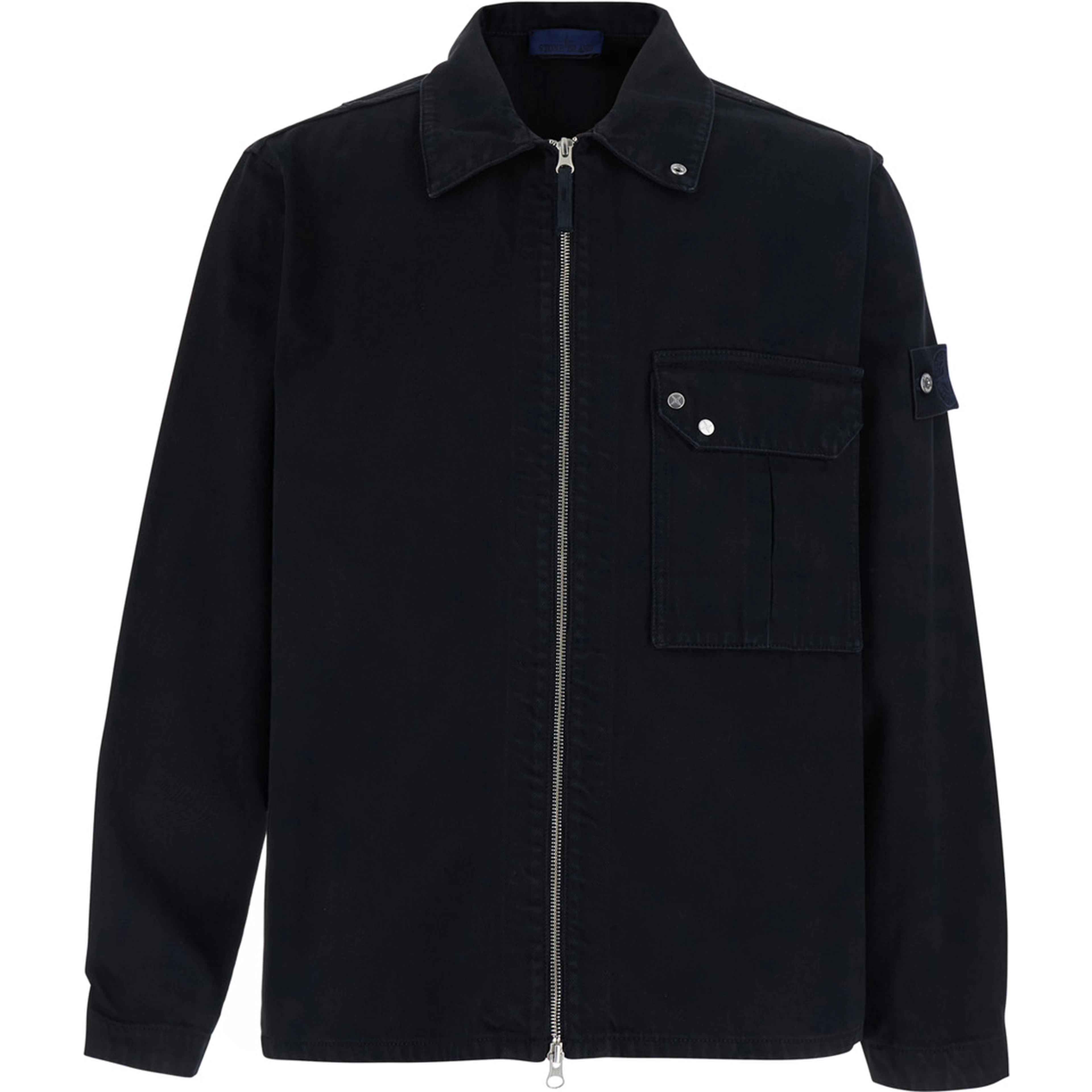 Biker Jacket with shirt collar, long sleeves, front closure, logo patch, side pockets, in cotton, black color, unisex