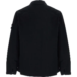 Biker Jacket with shirt collar, long sleeves, front closure, logo patch, side pockets, in cotton, black color, unisex