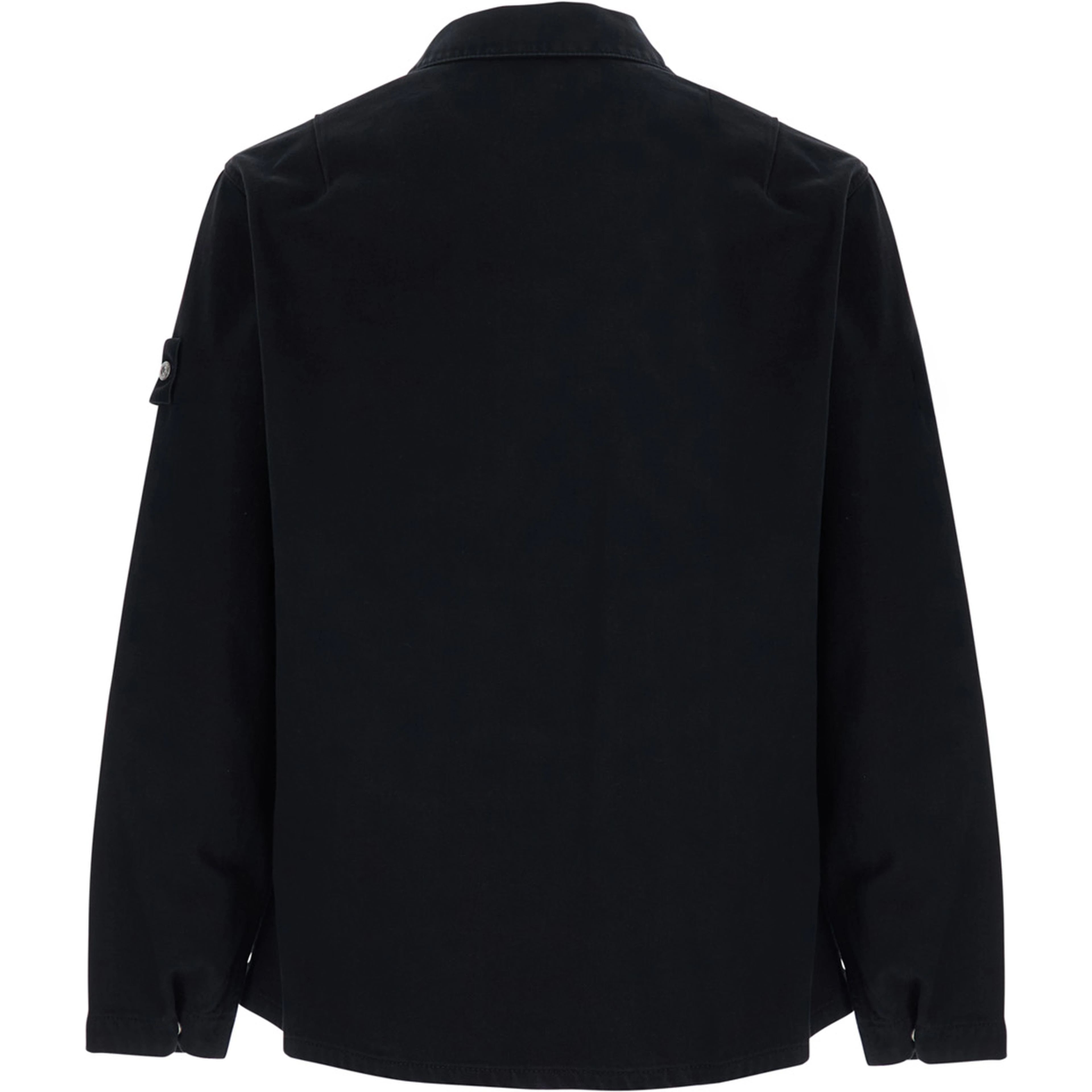Biker Jacket with shirt collar, long sleeves, front closure, logo patch, side pockets, in cotton, black color, unisex