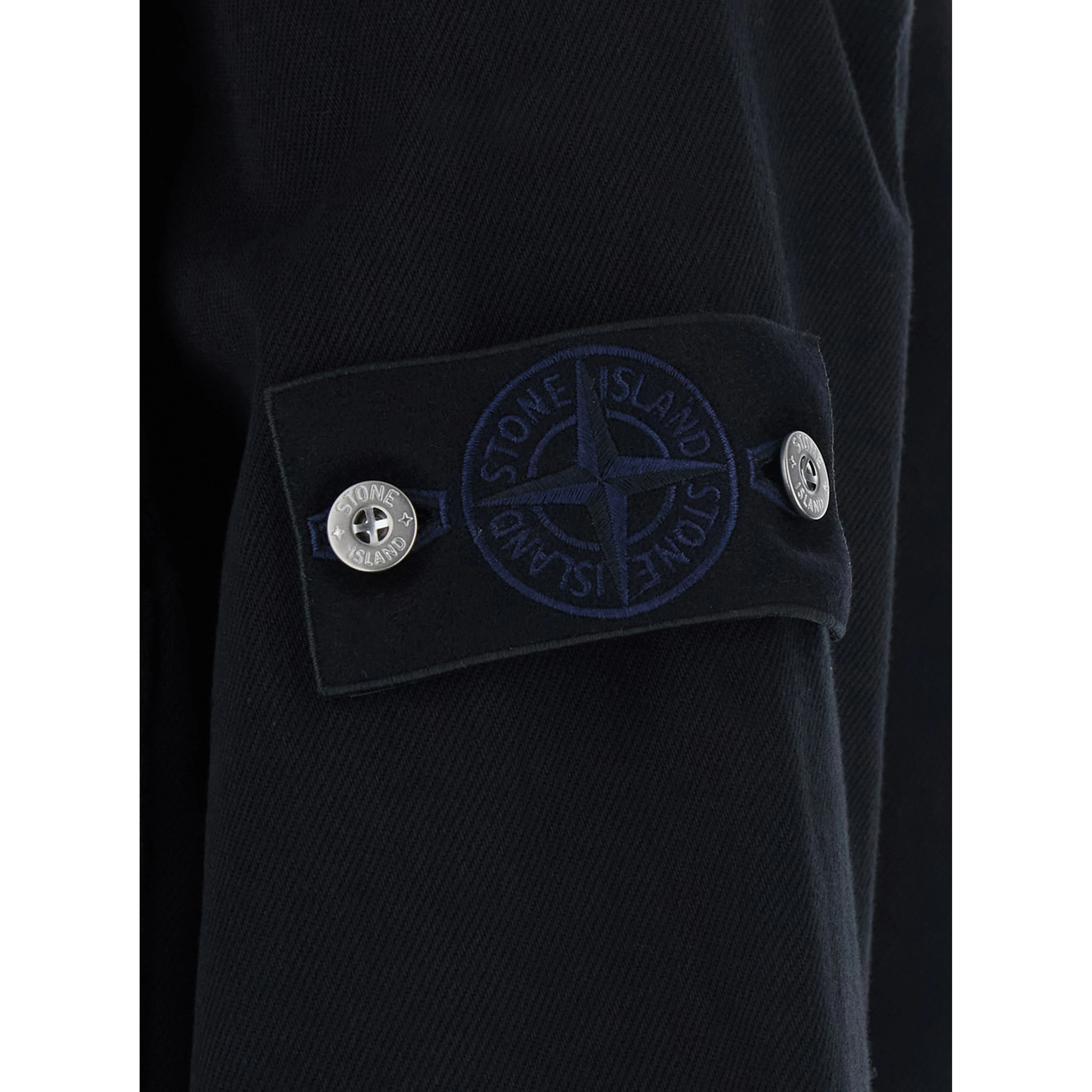 Biker Jacket with shirt collar, long sleeves, front closure, logo patch, side pockets, in cotton, black color, unisex