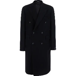 Black Coat with Notched Revers and Double-breasted Closure in Wool for Men