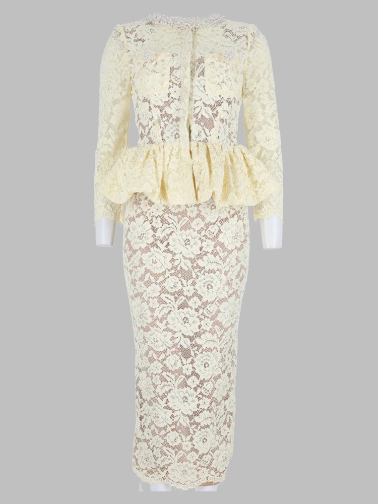 Abito Midi In Pizzo Con Peplo