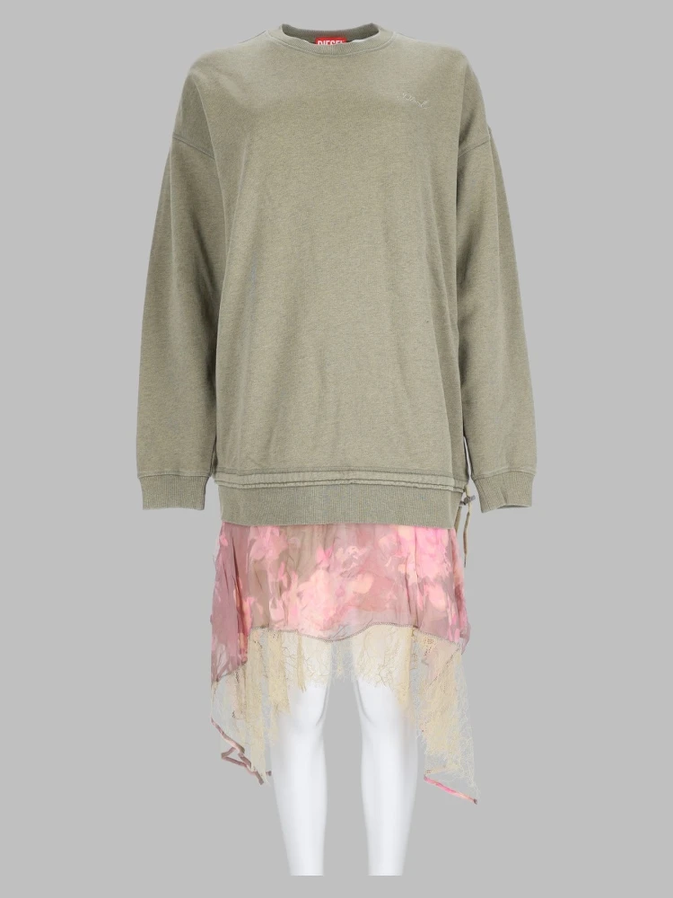 Abito in Felpa con Gonna in Chiffon e Pizzo