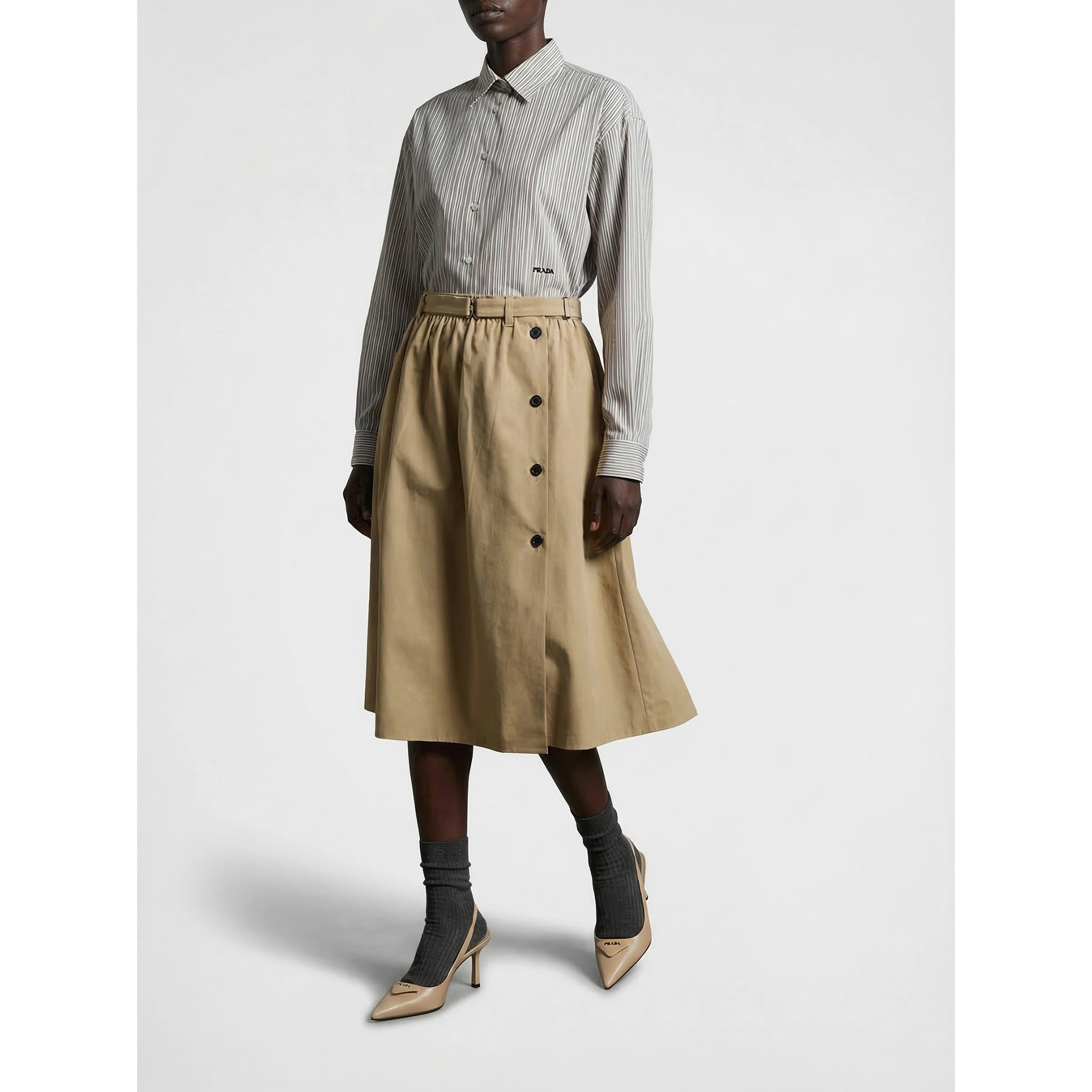 Beige Cotton Midi Skirt