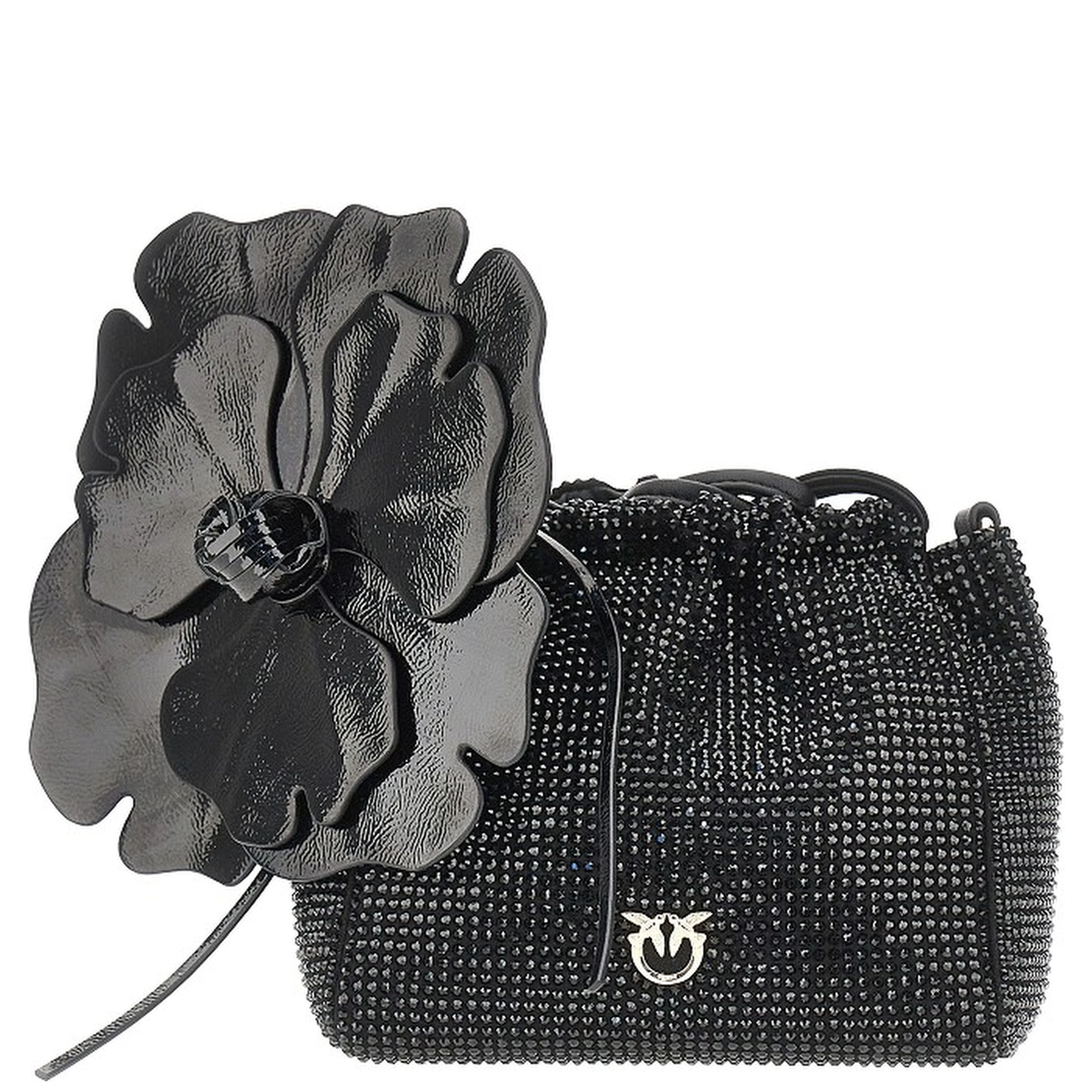 Full-strass bucket bag with flower