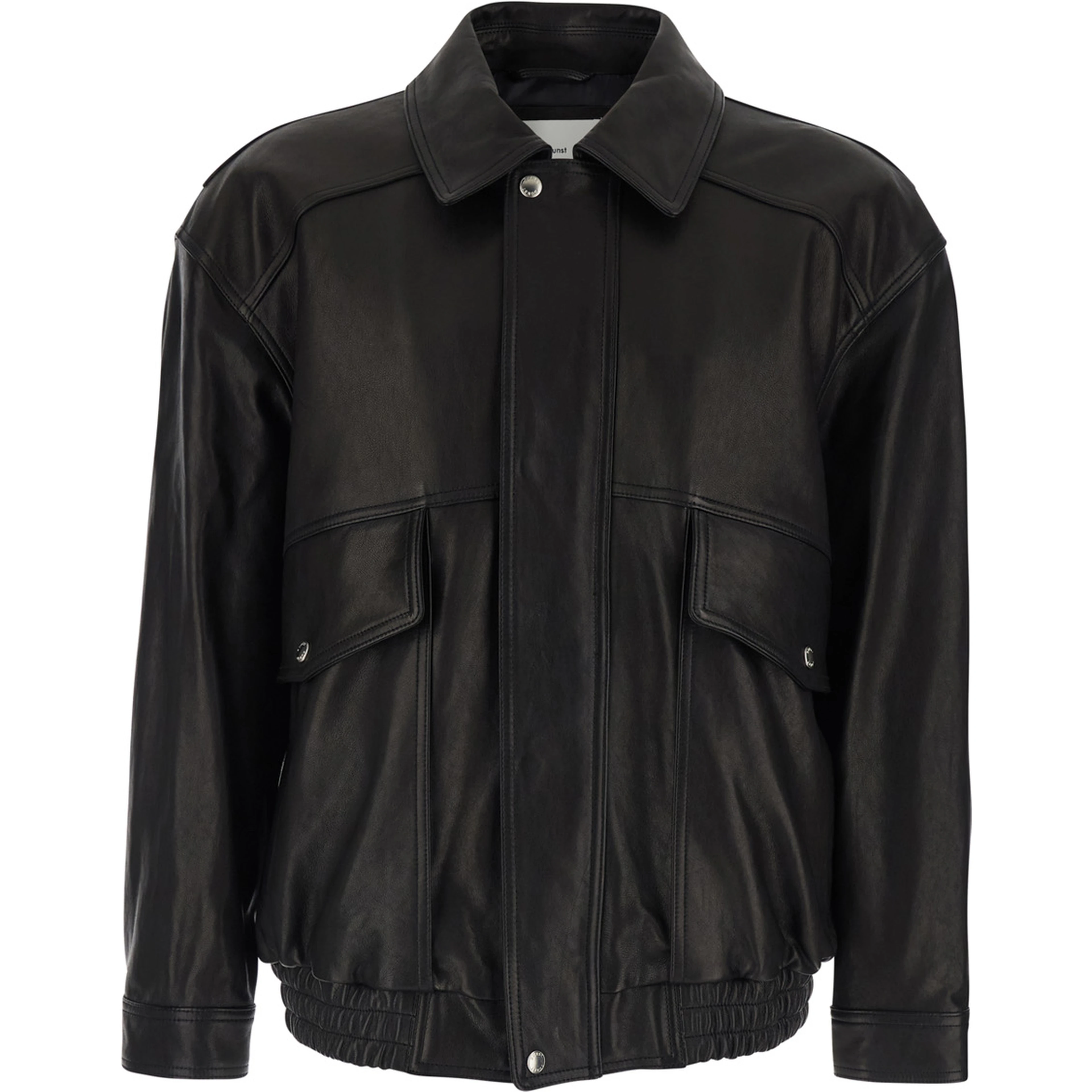 Black jacket with classic collar and two front pockets in leather man