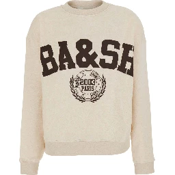 Beige V-neck Long Sleeve Cotton Sweatshirt for Women