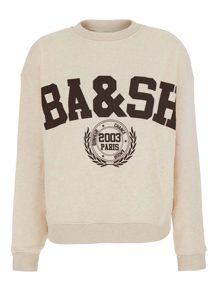 Beige V-neck Long Sleeve Cotton Sweatshirt for Women