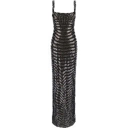 Maxi dress with square neckline, rhinestone details, in Tech Fabric, gray, woman