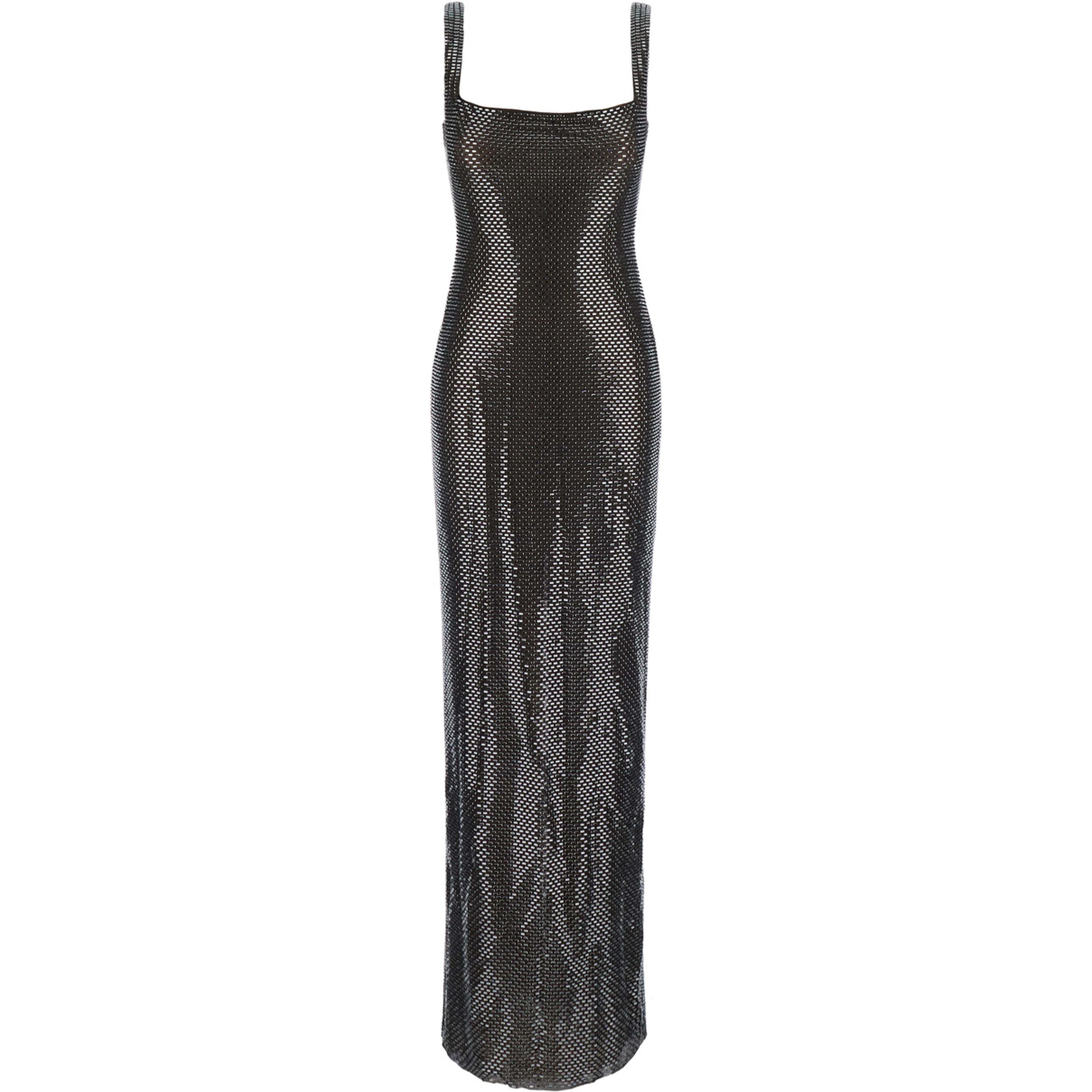 Maxi dress with square neckline, rhinestone details, in Tech Fabric, gray, woman