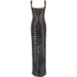 Maxi dress with square neckline, rhinestone details, in Tech Fabric, gray, woman