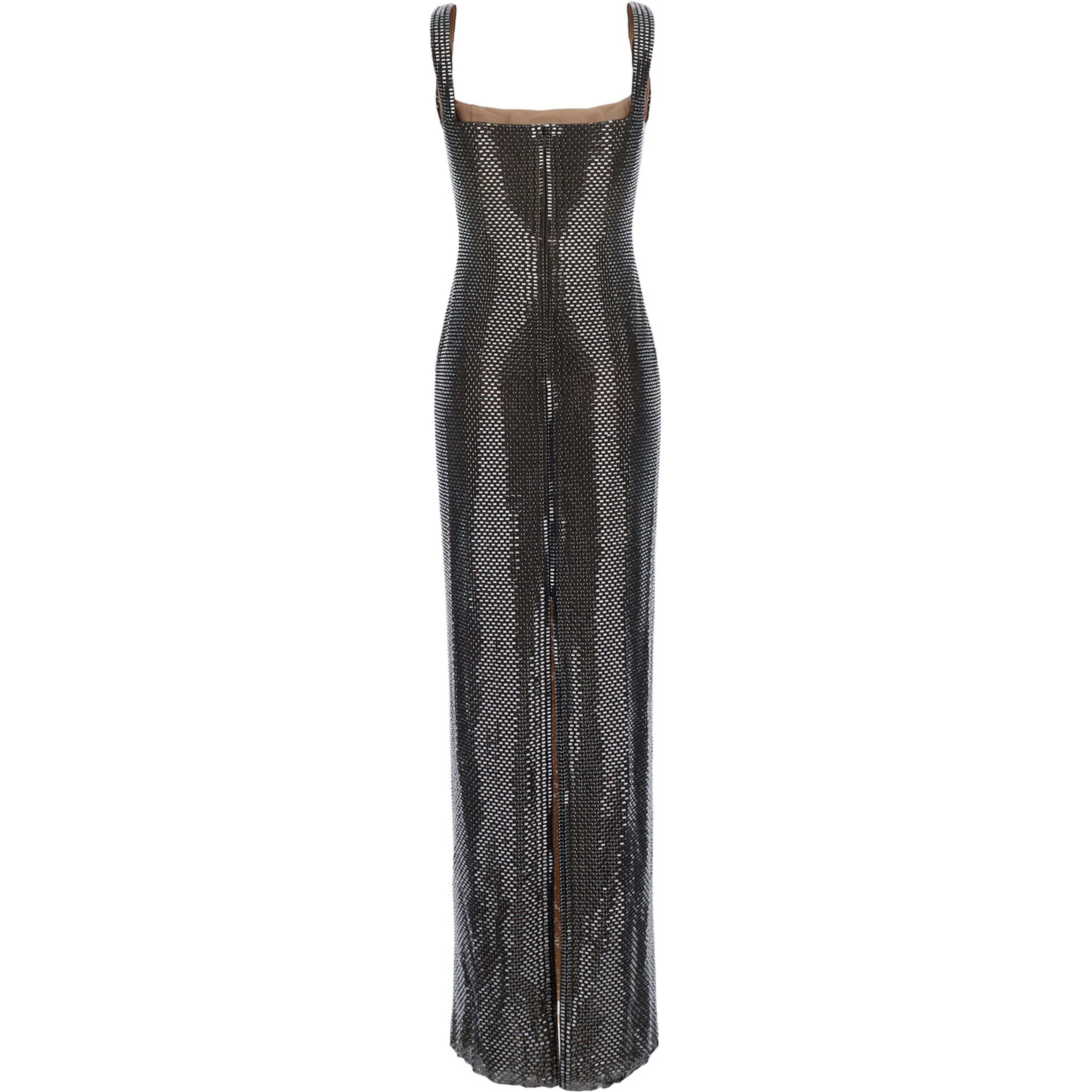 Maxi dress with square neckline, rhinestone details, in Tech Fabric, gray, woman