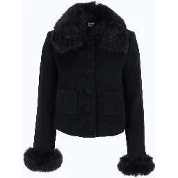 Black jacket with fur cuffs and notched collar, in wool, black, women