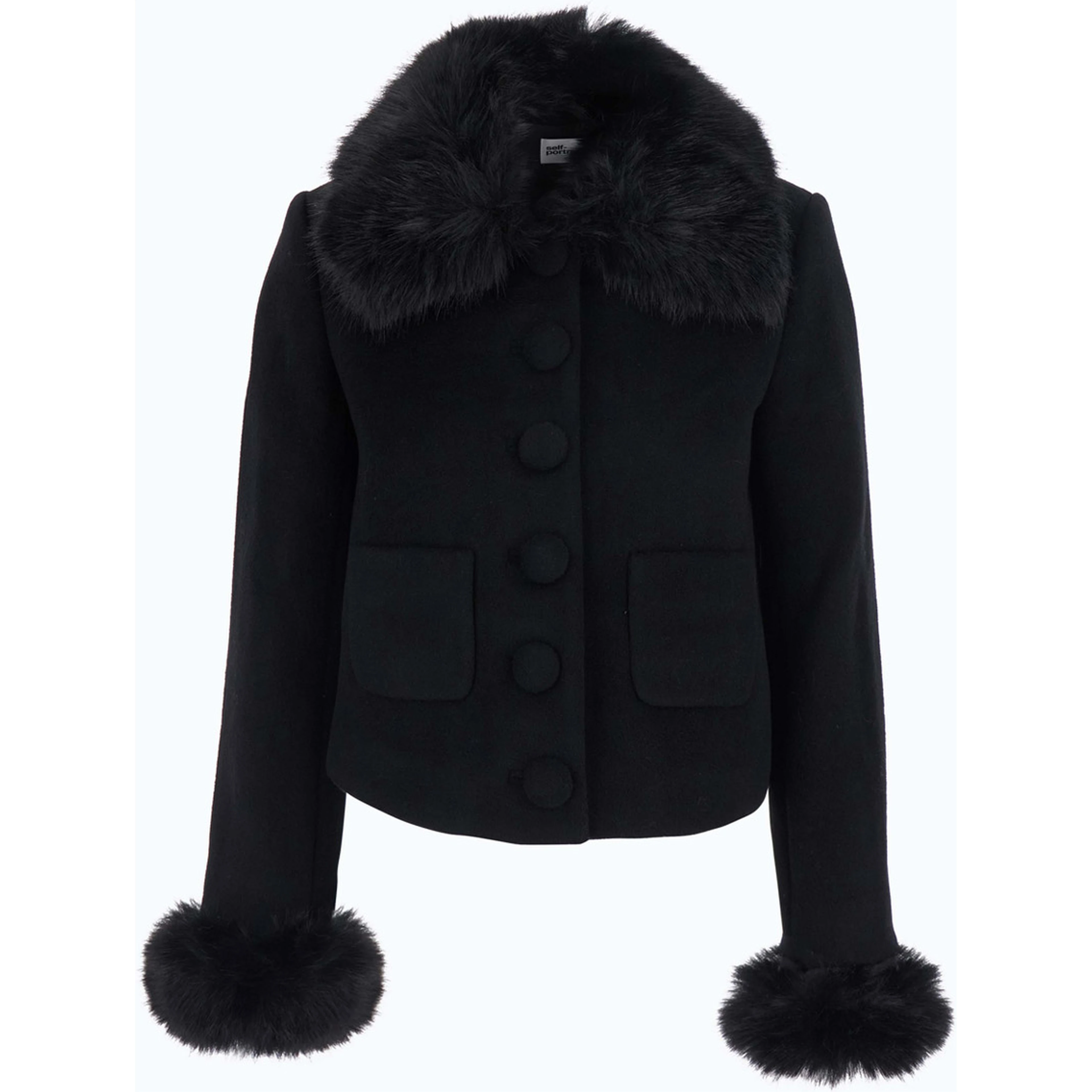 Black jacket with fur cuffs and notched collar, in wool, black, women