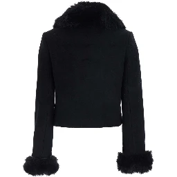 Black jacket with fur cuffs and notched collar, in wool, black, women
