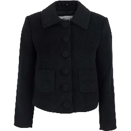 Black jacket with fur cuffs and notched collar, in wool, black, women