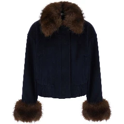 Blue Jacket with Fur Details and High Collar, in Wool, Color Blue, Woman