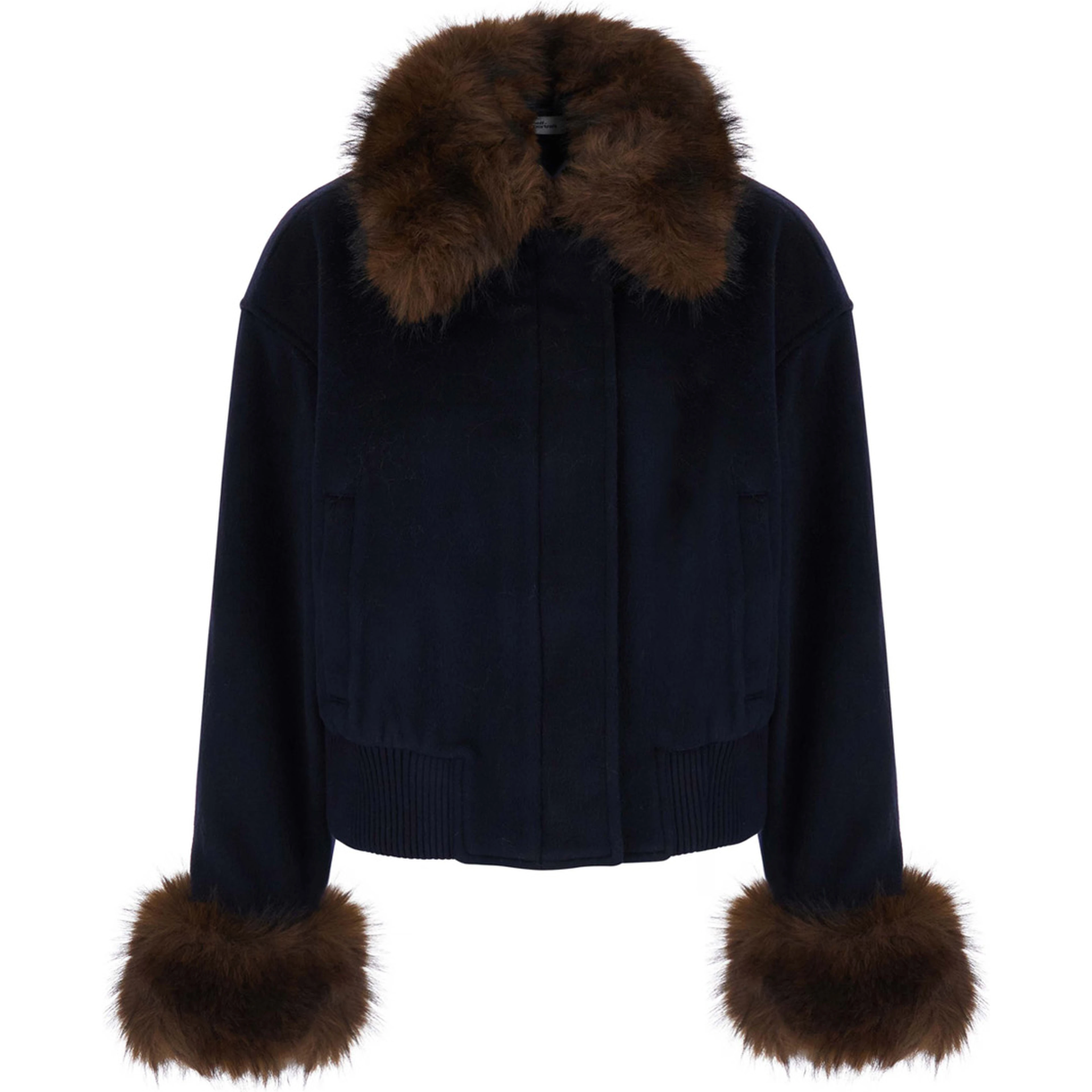 Blue Jacket with Fur Details and High Collar, in Wool, Color Blue, Woman