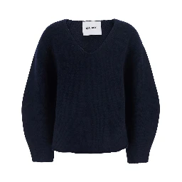Cashmere Puff Sleeves V Neck Sweater in Blue for Women