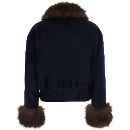 Blue Jacket with Fur Details and High Collar, in Wool, Color Blue, Woman