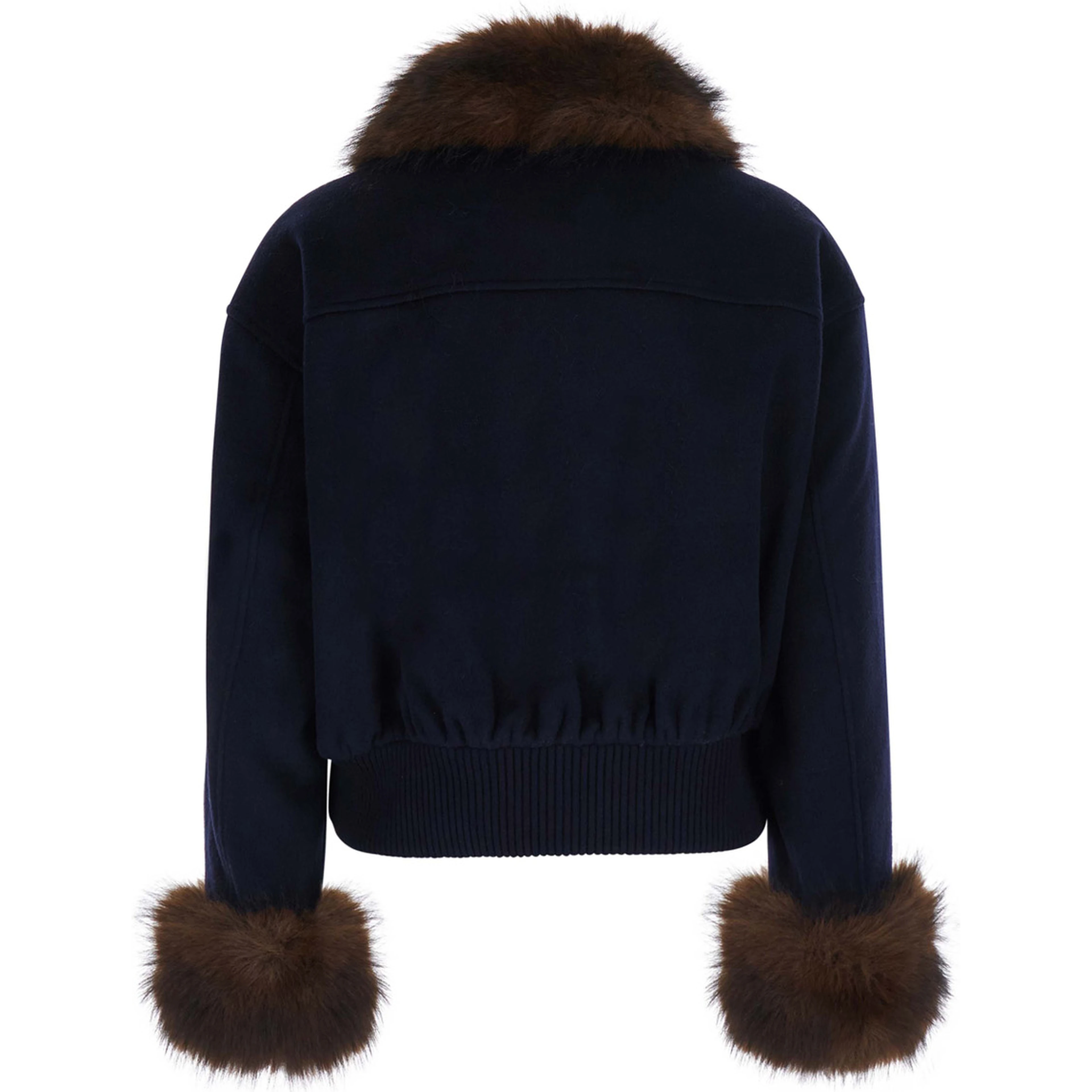 Blue Jacket with Fur Details and High Collar, in Wool, Color Blue, Woman