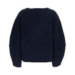 Cashmere Puff Sleeves V Neck Sweater in Blue for Women