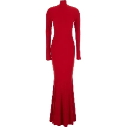 Long Jumpsuit with Long Sleeves and High Neck Slim Fit in Poly Lycra Red Women