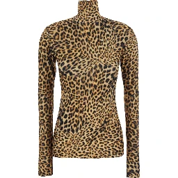 Long Sleeve Top with High Neck and Cheetah Print in Brown Tech Fabric for Women