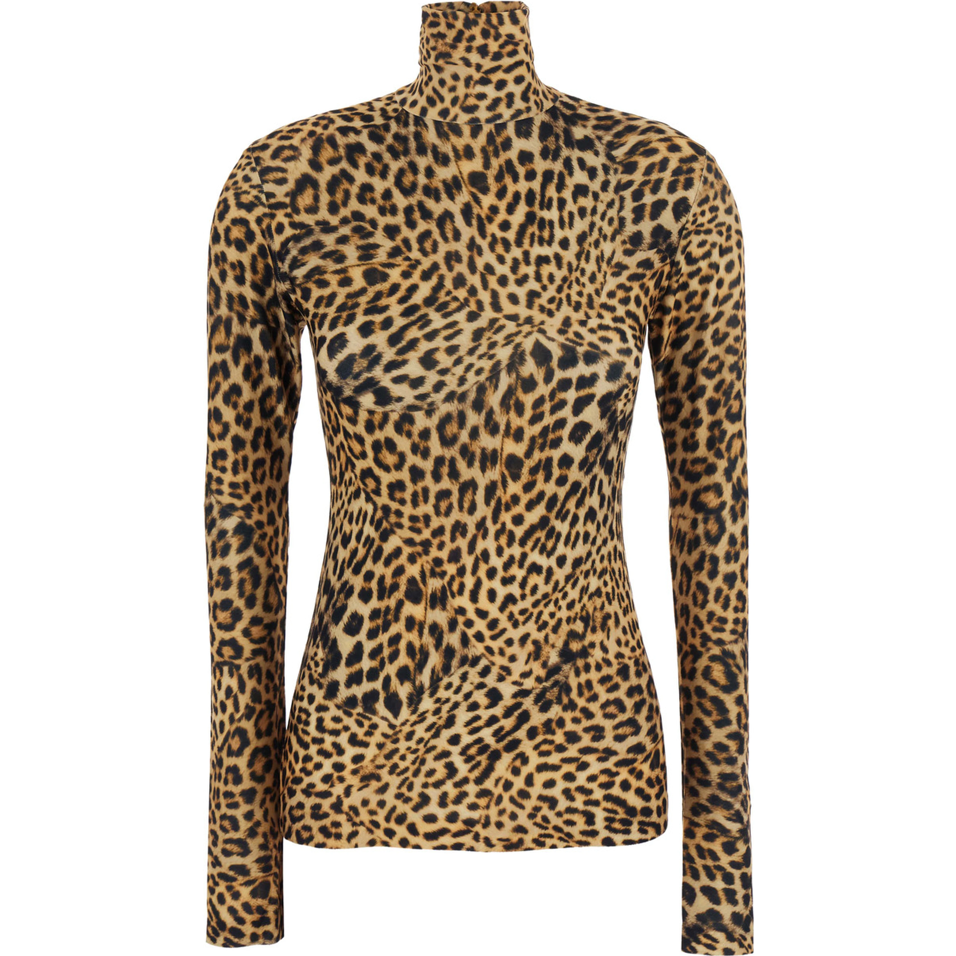 Long Sleeve Top with High Neck and Cheetah Print in Brown Tech Fabric for Women