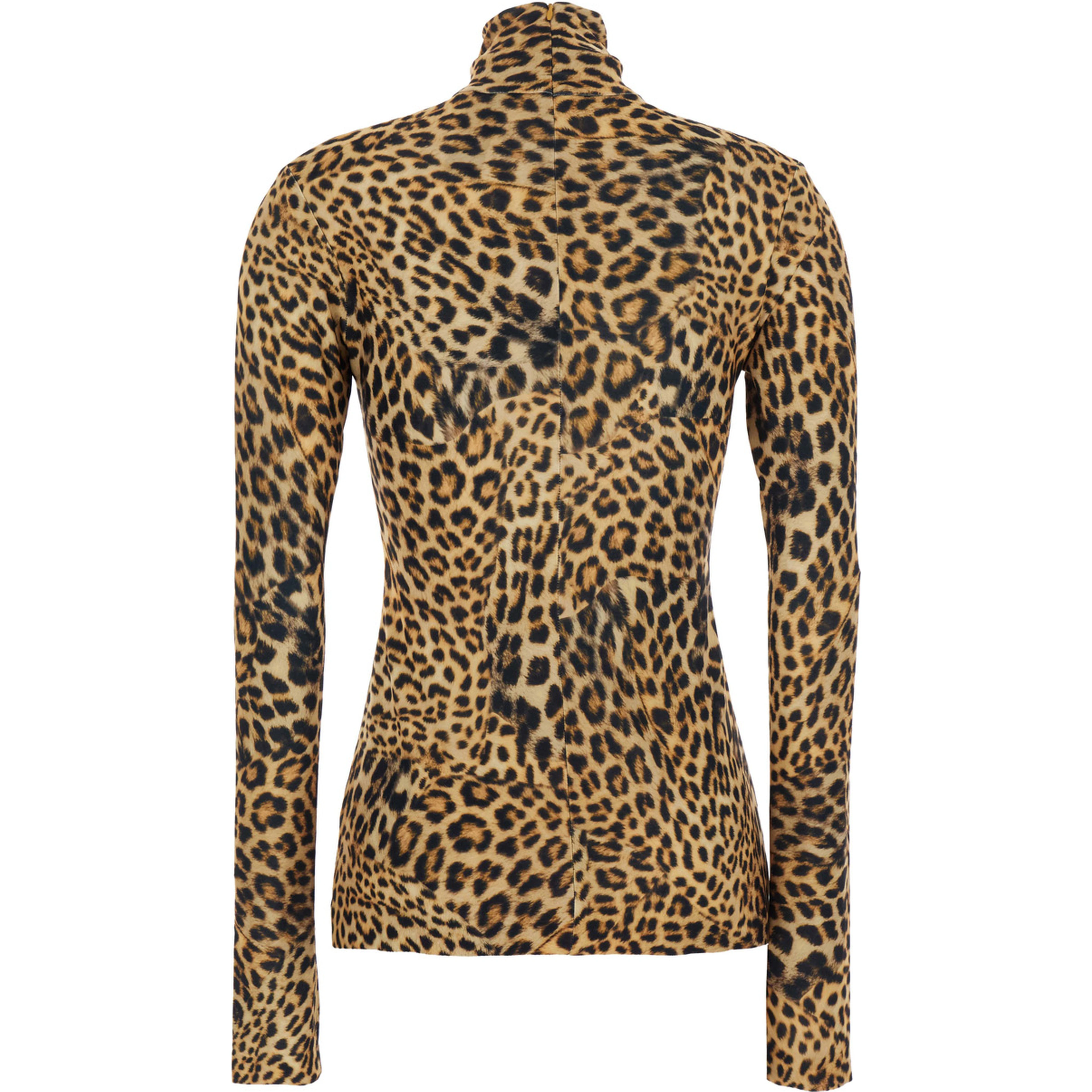 Long Sleeve Top with High Neck and Cheetah Print in Brown Tech Fabric for Women