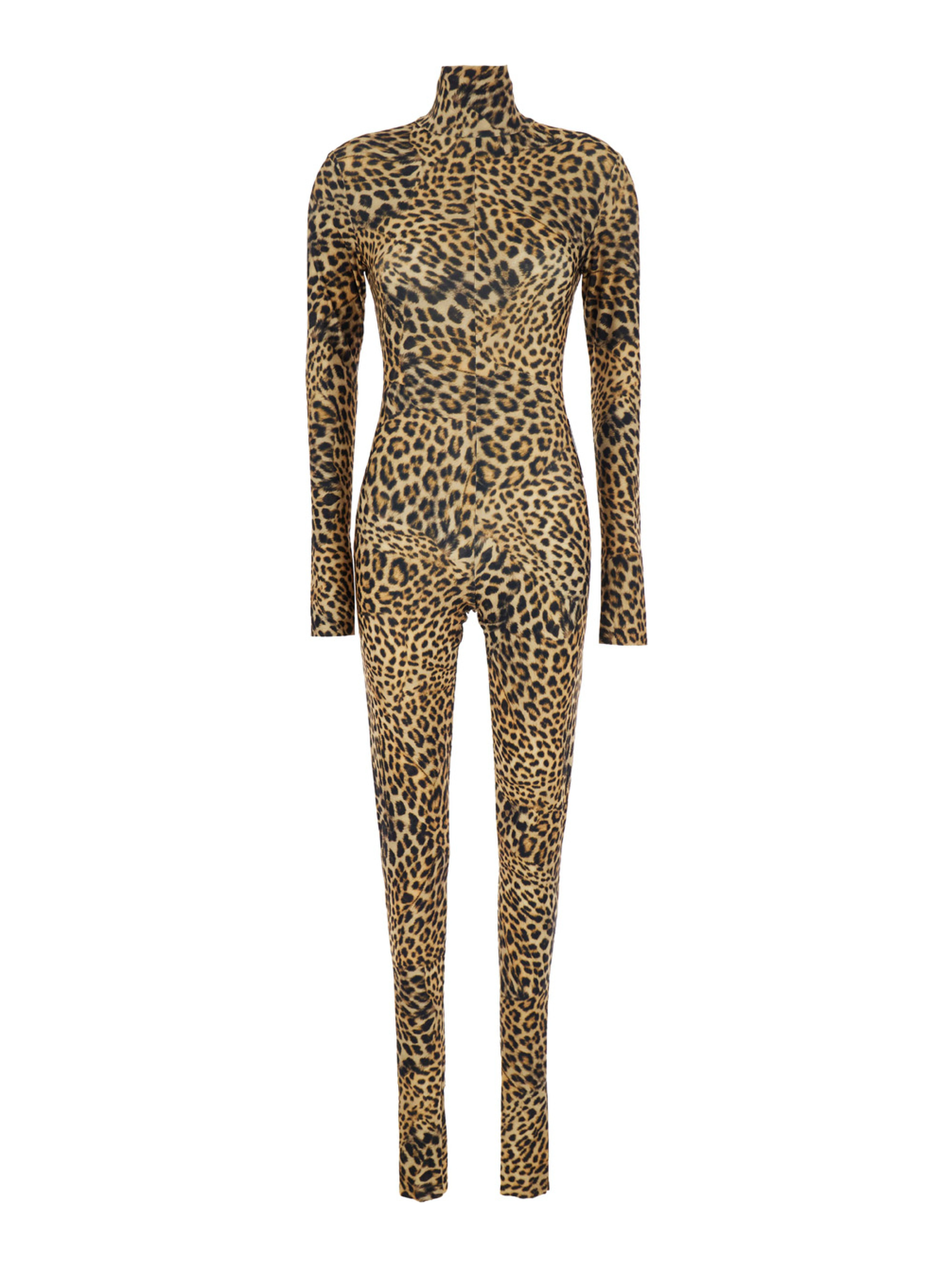Jumpsuit with High Collar and Long Sleeves in Brown Polyester for Women