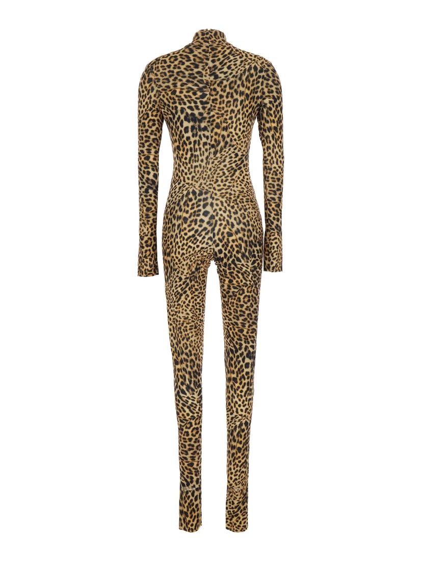 Jumpsuit with High Collar and Long Sleeves in Brown Polyester for Women