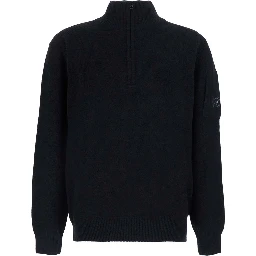 Fleece Knit Polo Neck Sweater with Logo, Black, Man