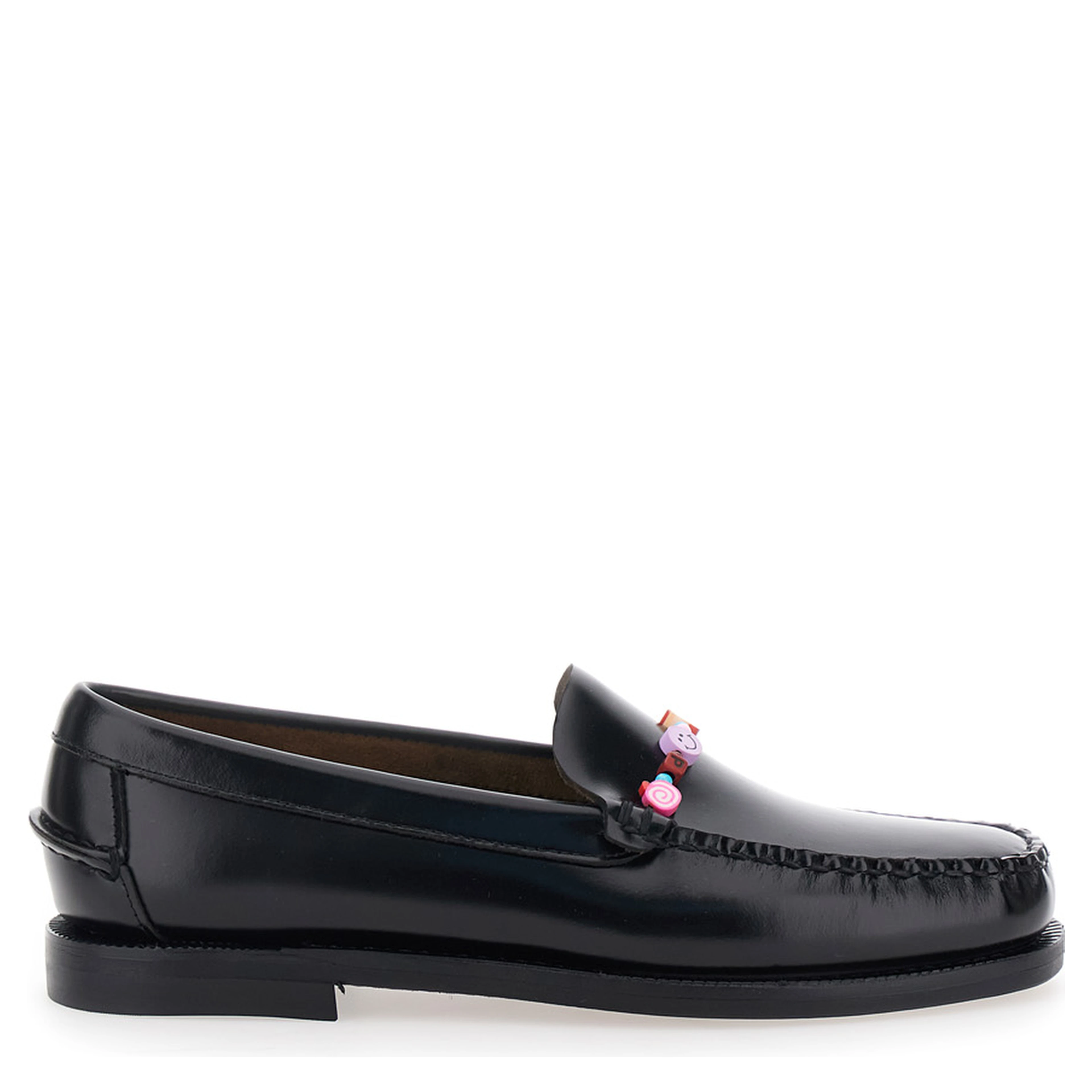 Loafers FRANK BEADS WOMAN Black with Rounded Toe in Leather for Women